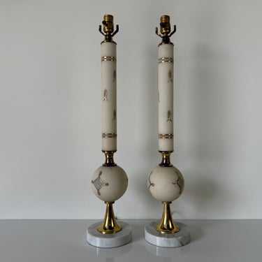 1960s Tall Hollywood Regency White  Glass & Marble Base Table Lamps - a Pair 