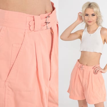 Peach Shorts 80s Pleated Trouser Shorts Ultra High Waisted Rise Preppy Retro Wide Leg Shorts Summer Bottoms Buckle Vintage 1980s Small S 28 