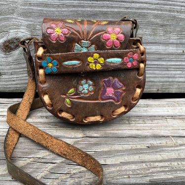 vintage tooled leather mini purse boho flower painted pouch 