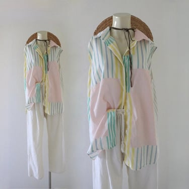 mixed stripe sleeveless top - vintage 80s 90s pastel rainbow womens spring summer cute button shirt blouse 