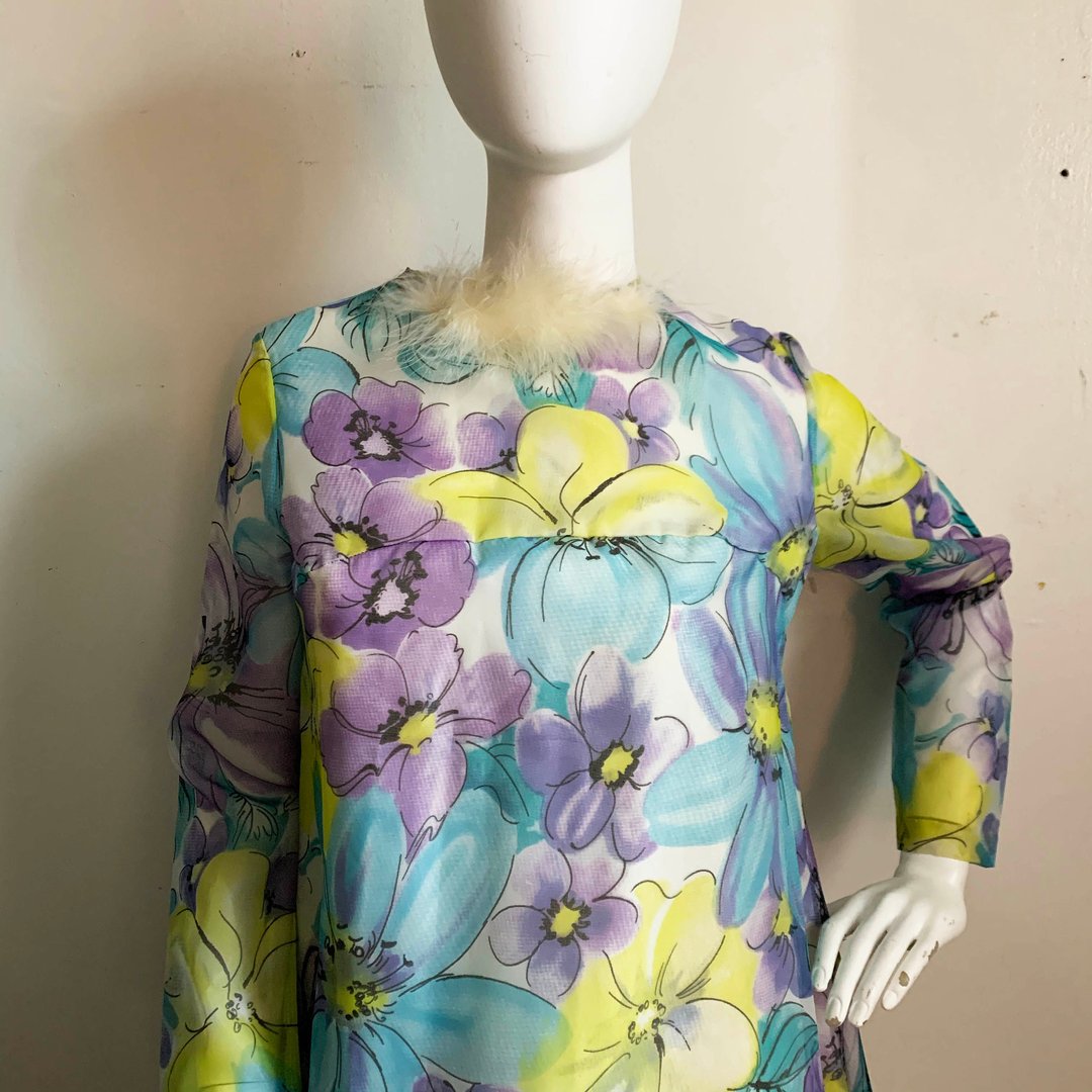 1960s Floral Print Marabou House Gown | Phenix | Brooklyn, NY