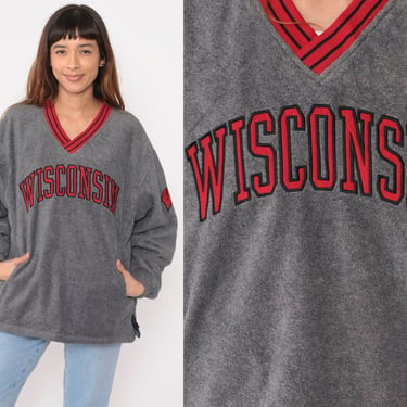 Wisconsin Badgers Jacket Grey Fleece University Jacket 90s Windbreaker Pullover Sports Red Black V Neck College Vintage Athletic Medium 