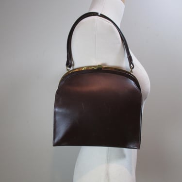 Mid Century Top Handle Bag with Change Purse Vintage Brown Leather Handbag Gold Framed Purse 1960s Mod Handbag Structured Leather Bag 