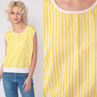 80s Striped Tank Top Yellow Ringer Tee Retro Shirt White Tee Sleeveless Top 1980s Vintage Slouchy Banded Hem Top Medium 