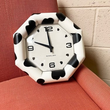 Vintage Wall Clock Retro 1990s New Haven + Quartz + Cow Print + Octagon Shape + Time +Contemporary + Home and Wall Decor + Made in the USA 