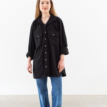 Vintage Black Long Sleeve Shirt | Simple Flap Pocket Blouse | 100% Cotton Canvas Work Shirt | XL | 