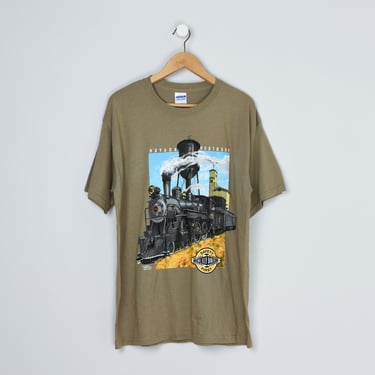 Vintage 90s Nevada Northern Railway Company T-Shirt - trains, vivid graphic, history, western - Men's L 