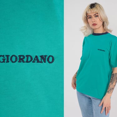 Giordano T-Shirt 90s Embroidered T Shirt Retro Logo Tee Green Navy Blue Ringer Crewneck Tshirt Streetwear Designer Vintage 1990s Medium M 