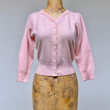 Vintage 1950s Pink Cashmere Sweater, Cropped Mid-Century Cardigan, Made in Scotland, Mint Condition, Small 