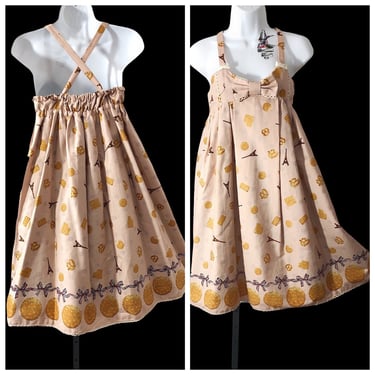 French print handmade womens babydoll dress, Eiffel Tower, pretzels, biscuits and bows summer sun dress 