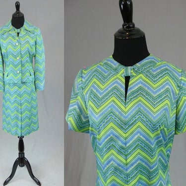 70s Dress and Jacket Set - Green Blue Chevron Stripes - Short Sleeve Dress Suit - Carillon Saks Fifth Avenue - Vintage 1970s - M 