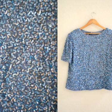 Vintage Blue Sequin Shirt size Large XLarge// 90s Metallic Vintage Sequin Top Blue Art Deco Flapper Inspired 