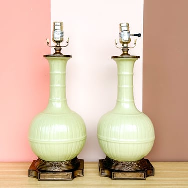 Pair of Faux Bamboo Celadon Lamps