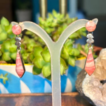 Sterling Silver Dangle Earrings Pink White Inlaid Stone Rhodochrosite Vintage Retro Handmade Jewelry 