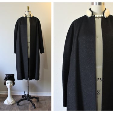 Vintage 40s 1950s Ranone Fancy Black Wool Coat Woven fibers Coat White Ermine Mink Collar Evening // US 4 6 8 s m 