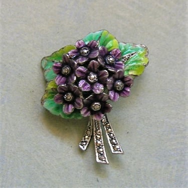 Vintage Sterling Enamel and Marcasite Flower Bouquet Pin, Sterling Alice Caviness? Pin, Old Sterling Bouquet Brooch Pin (4020) 