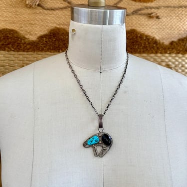 TURQUOISE BABY BEAR Onyx Necklace Pendant | R P Hallmark | Sterling Silver Chain Necklace | Navajo Native American Jewelry | Southwestern 