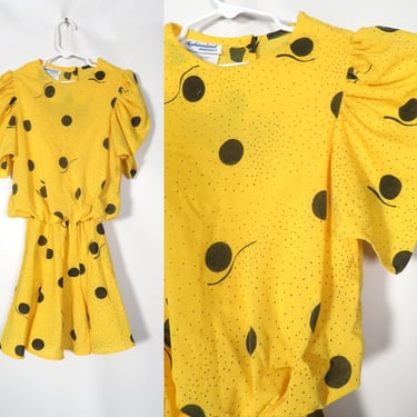 Vintage 80s Kids Yellow Polka Dot Dress Union Made Size 8 