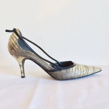 1950's Style Size 8.5 Beige and Black Snakeskin Leather Stiletto D'Orsay High Heels Retro 50's Pumps Rockabilly Swing Banana Republic 1990's 