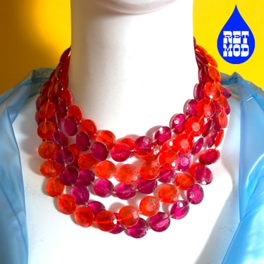 Fabulous Vintage 60s 70s Magenta Pink & Orange Faceted Plastic Long Statement Necklace 