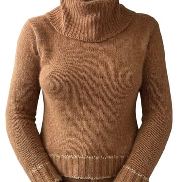 Vintage Womens Tan Brown Gold Angora Blend Soft Fuzzy Fluffy Cowl Neck Sweater S 