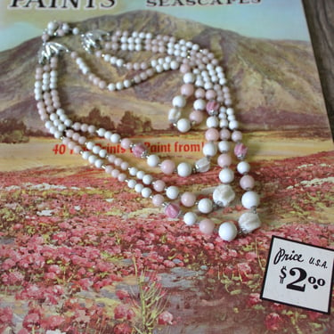 Vintage 50s 60s Pearl sugar bead white and pink bead JAPAN 3 Strand Choker Necklace / Triple Necklace 
