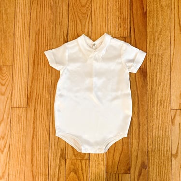 70s Baby White Liquid Satin Collared Bodysuit Romper | Size 6 to 12 Months 