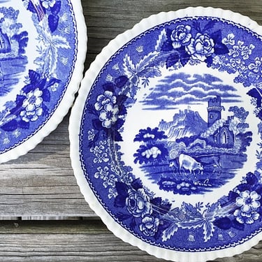 2 Blue transferware plates Adams Cattle Scenery, English ironstone plates, Granny chic Grand Millennial, French country cottage decor 