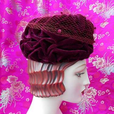 Vintage 1960's Merlot Velvet Turban Hat . Classic Red Beehive Toque . Glorious Draping . Net Magenta Poms .  Eccentrically Sassy Chic . Xmas 