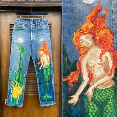 Vintage 1980’s w30 Levi’s 501 Denim Jeans with Mermaid Custom Artwork Painted Detail, Dated 1994, 80’s Vintage Clothing 