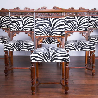 French Renaissance Henry II Style Walnut Dining Chairs W/ Zebra Fabric - Set of 6 