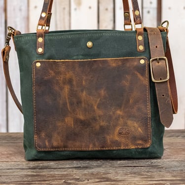 The Classic Waxed Canvas Bag | Tote Bag with Leather Pocket | Crossbody Bag | Small | Made in USA 