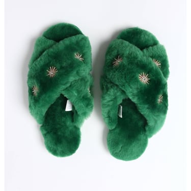 Sheepskin Slippers Green + Rhinestone