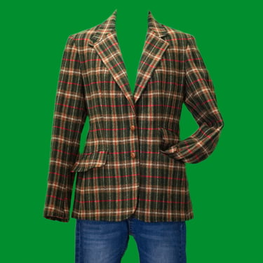 Vintage 1970s Wool Plaid Blazer | 70s Evan Picone Brown and Green Jacket | Medium 