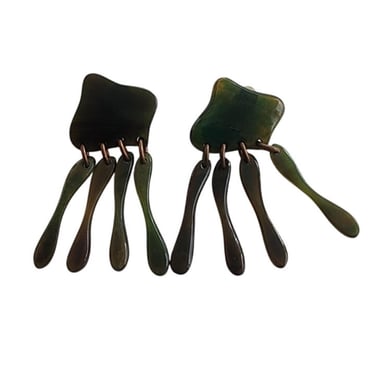 Vintage 60s Dangly Earrings Dark Green Lucite Oversized Clip-On Clips 