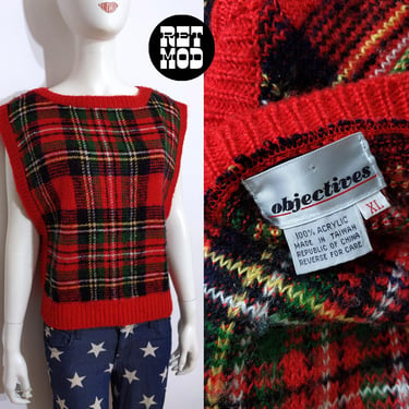 Super Cute Vintage 80s Red Green Plaid Fuzzy Knit Top by Objectives 