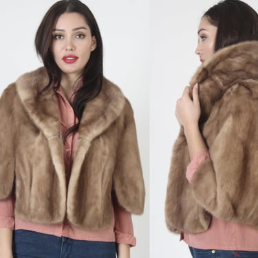 60s Natural Brown Mink Fur Capelet / Real Autumn Haze Cape / Vintage Huge Draped Shawl Collar / Womens Cropped Lined Shrug 
