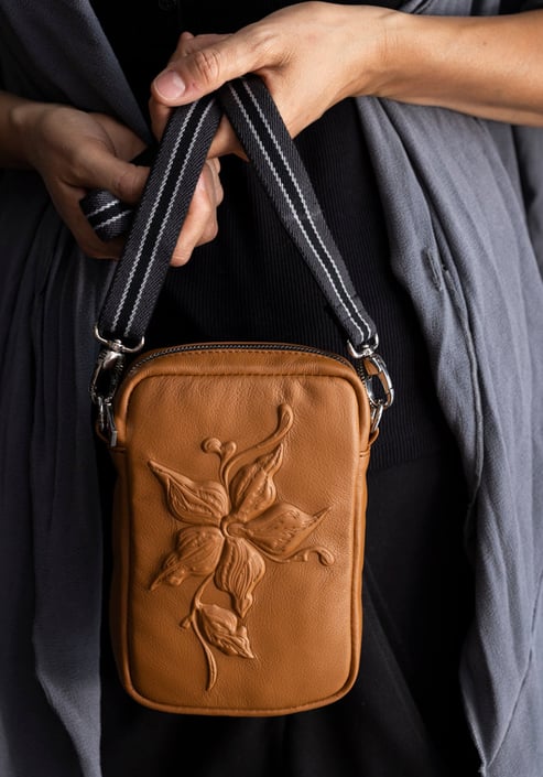 Cognac Flower Embossed Leather Cross Body Bag