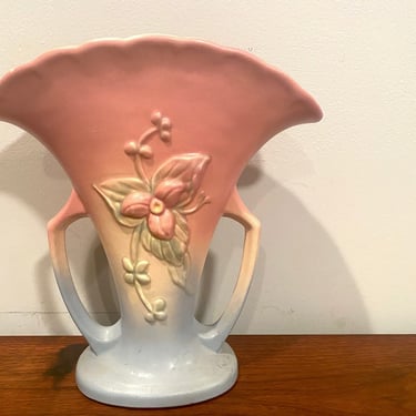 Vintage Hull Art Pottery 2 Handle Vase / Blue Yellow Pink Ceramic Matte Glaze Wildflowers / Art Deco Shabby Chic MCM USA 10 1/2 