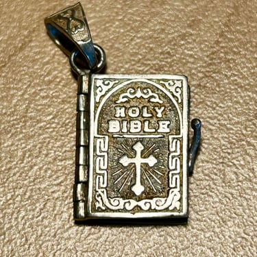 Vintage Sterling Silver Bible Locket Charm Lords Prayer Turning Pages Locket 