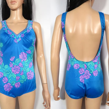 Vintage 80s Rose Print One Piece Bathing Suit Made In USA Size 14 M/L 