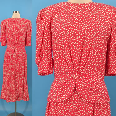 80s Pink Moon Print Jane Schaffhausen Belle France Rayon Print Dress - Eighties does Forties Small Print Half Sleeve Peplum Midi Dress 