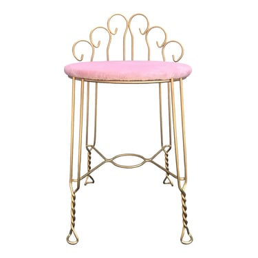 Vintage Pink Velvet & Gold Metal Vanity Chair | Hollywood Regency Boudoir or Desk Seating | Mid Century Glam MakeUp Stool 