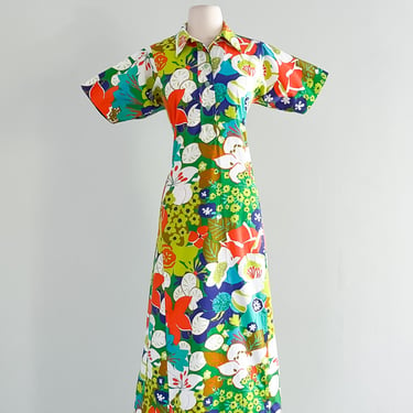 Psychedelic 1960's Floral Print Island Maxi Dress / Sz L