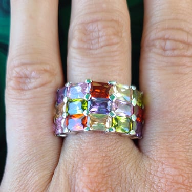 Multi-Colored Crystal Sterling Silver Ring Size 7
