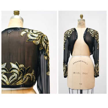 80s 90s Vintage Black Gold Silver Beaded Jacket Metallic Chiffon Silk Cropped Jacket Bolero Large// Black Chiffon beaded Jacket Large 