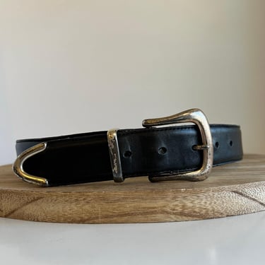 Vintage 90s Chunky Black Genuine Leather Silver Distressed Buckle Belt - Large 