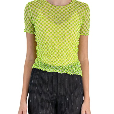1990S Issey Miyake Lime Green Sheer Polyester Shrink Wrap Top With Polka Dots 