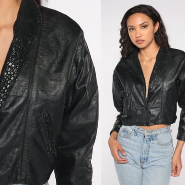 Black Leather Jacket 80s Cropped MOTORCYCLE Jacket Biker