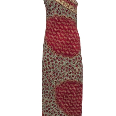 Ralph Lauren Collection - Red, Sage, & Beige Silk Blend One Shoulder Dress Sz 6